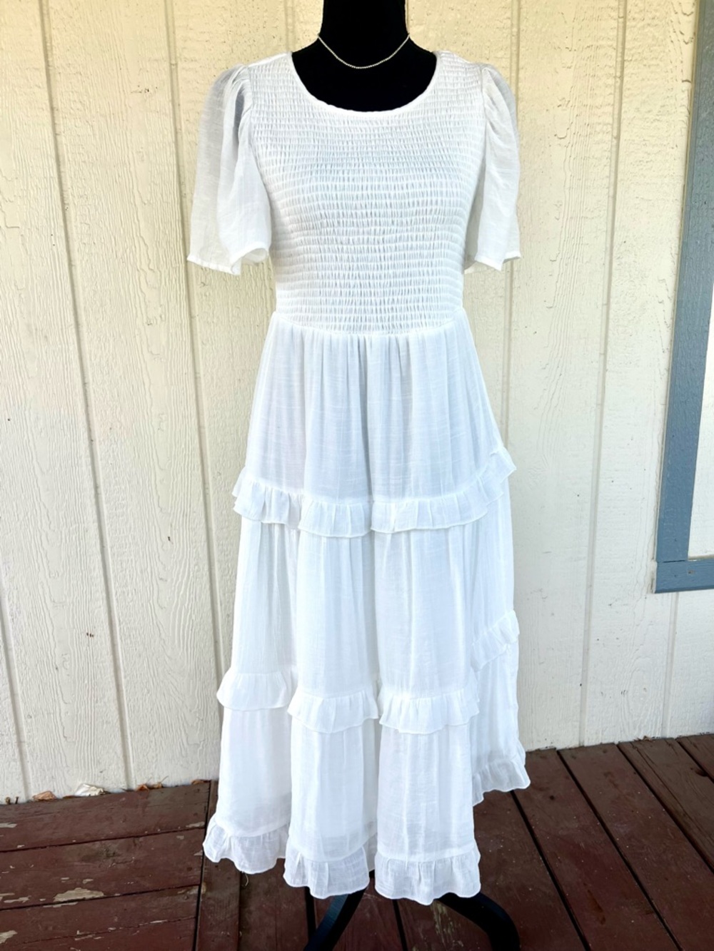 Indigo Rose White Cottagecore Midi Dress Smocked Tiered Ruffle Dress Size Medium - Picture 2 of 7